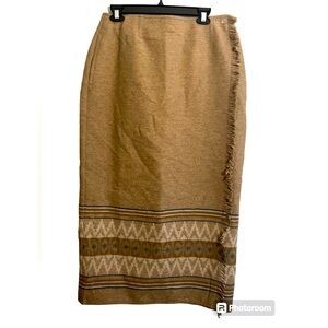 Liz Sport vintage tan fringed wool blend midi wrap skirt size 14